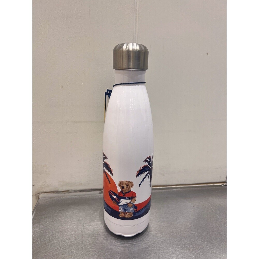 Polo Ralph Lauren Beach SURF BEAR Water Bottle Stainless Steel White Red 17 oz.